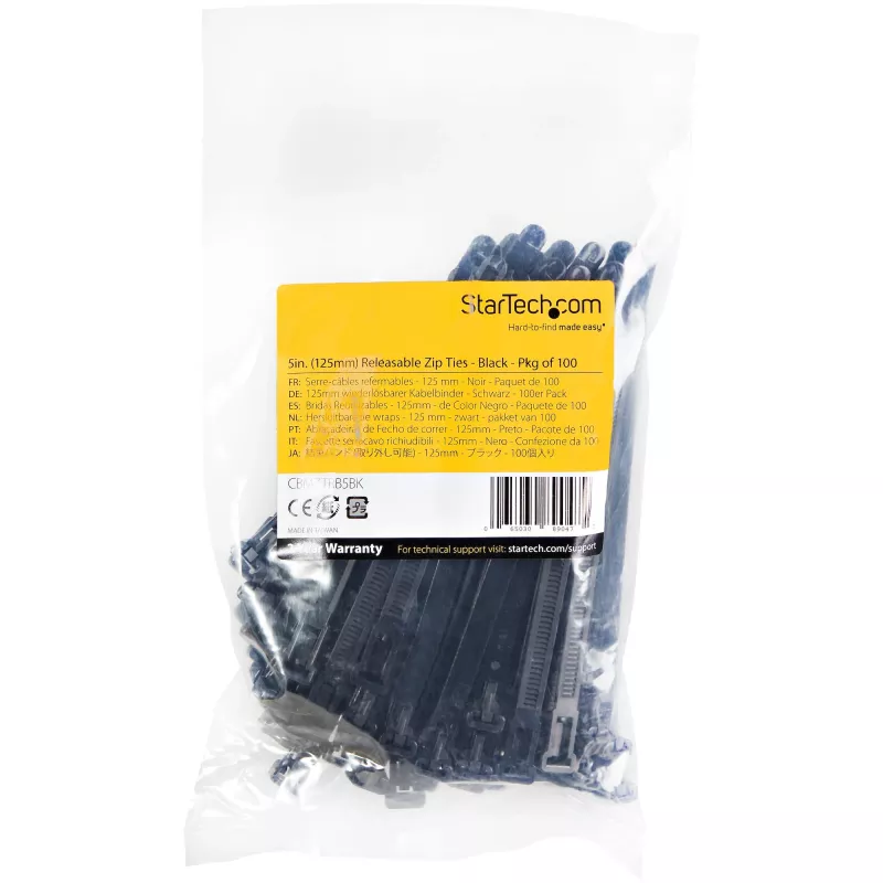 StarTech.com Opaski zaciskowe wielokrotnego użytku 5 cali (12 cm) – szerokość 1/4 cala (7 mm), średnica wiązki 1-1/8 cala (30 mm), wytrzymałość na rozciąganie 50 funtów (22 kg), opaski nylonowe odczepiane, do użytku wewnątrz i na zewnątrz, 94V-2 / z listą UL, 100 szt. – czarne