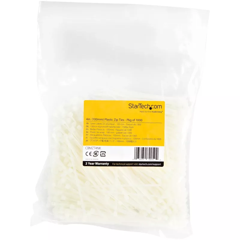 Opaski kablowe StarTech.com 4 cale (10 cm) - szerokość 1/16 cala (2 mm), średnica wiązki 7/8 cala (22 mm), wytrzymałość na rozciąganie 18 funtów (8 kg), nylonowe samozaciskowe opaski zaciskowe z zakrzywioną końcówką - 94V-2/UL Listed, 1000 szt. - białe