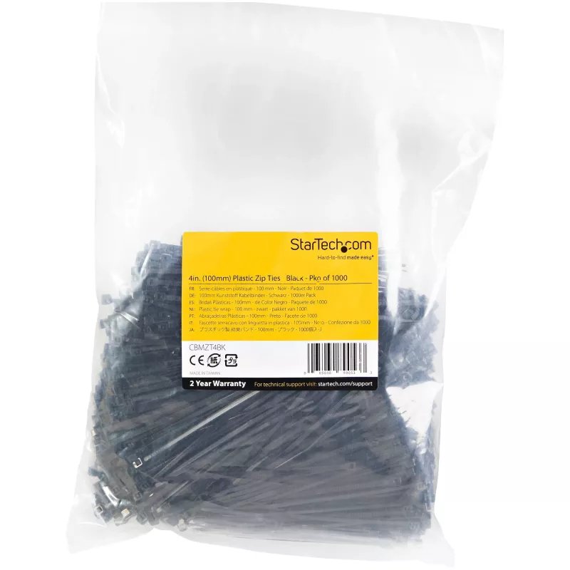 Opaski kablowe StarTech.com 4 cale (10 cm) - szerokość 1/16 cala (2 mm), średnica wiązki 7/8 cala (22 mm), wytrzymałość na rozciąganie 18 funtów (8 kg), samozaciskowe opaski zaciskowe z nylonu z zakrzywioną końcówką - zgodne z 94V-2/UL, 1000 szt. w opakowaniu - czarne