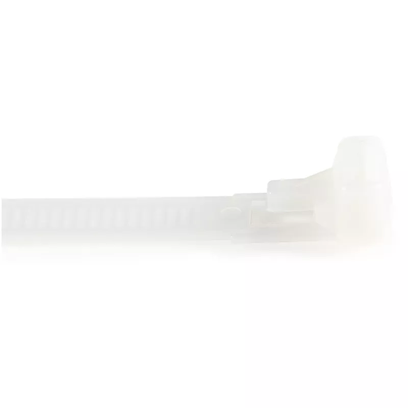 StarTech.com 5 cali (12 cm) opaski zaciskowe wielokrotnego użytku - szerokość 1/4 cala (7 mm), średnica wiązki 1-1/8 cala (30 mm), wytrzymałość na rozciąganie 50 funtów (22 kg), odpinane opaski nylonowe, wewnątrz/na zewnątrz, 94V-2/UL, opakowanie 100 szt. - białe