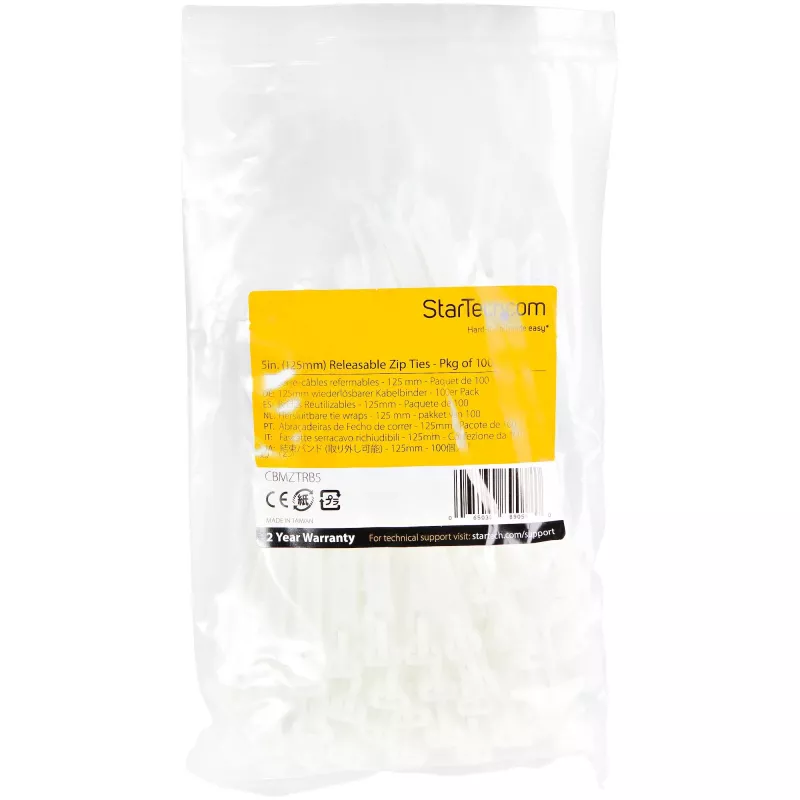 StarTech.com 5 cali (12 cm) opaski zaciskowe wielokrotnego użytku - szerokość 1/4 cala (7 mm), średnica wiązki 1-1/8 cala (30 mm), wytrzymałość na rozciąganie 50 funtów (22 kg), odpinane opaski nylonowe, wewnątrz/na zewnątrz, 94V-2/UL, opakowanie 100 szt. - białe