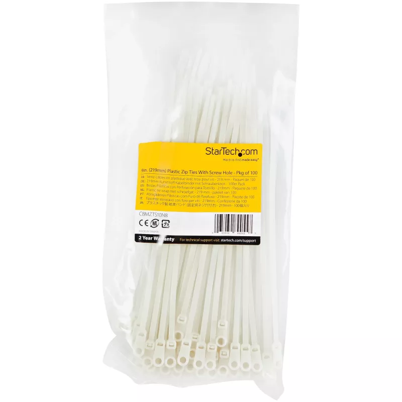 StarTech.com 8 cali(20cm) opaski kablowe z otworem montażowym - szerokość 1/8 cala(4mm), średnica wiązki 2 cale(52mm), wytrzymałość na rozciąganie 50lb(22kg), nylon 66 opaski samozaciskowe z otworem na śrubę, UL Listed, 100 sztuk
