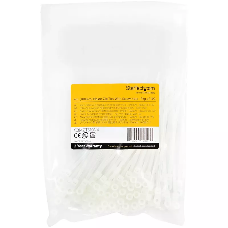 StarTech.com 4-calowe (10 cm) opaski zaciskowe z otworem montażowym - szerokość 1/16 cala (2 mm), średnica wiązki 7/8 cala (24 mm), wytrzymałość na rozciąganie 18 funtów (8 kg), nylon 66, samoblokujące opaski z otworem na śrubę, z certyfikatem UL, 100 sztuk