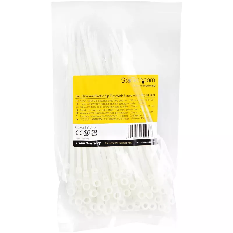 StarTech.com 6 cali (15cm) Opaski kablowe z otworem montażowym - szer. 1/8 cala (3mm), średnica wiązki 1-1/2 cala (40mm), wytrzymałość na rozciąganie 40lb (18kg), nylon 66, opaski samozaciskowe z otworem na śrubę, certyfikat UL, opakowanie 100 szt.