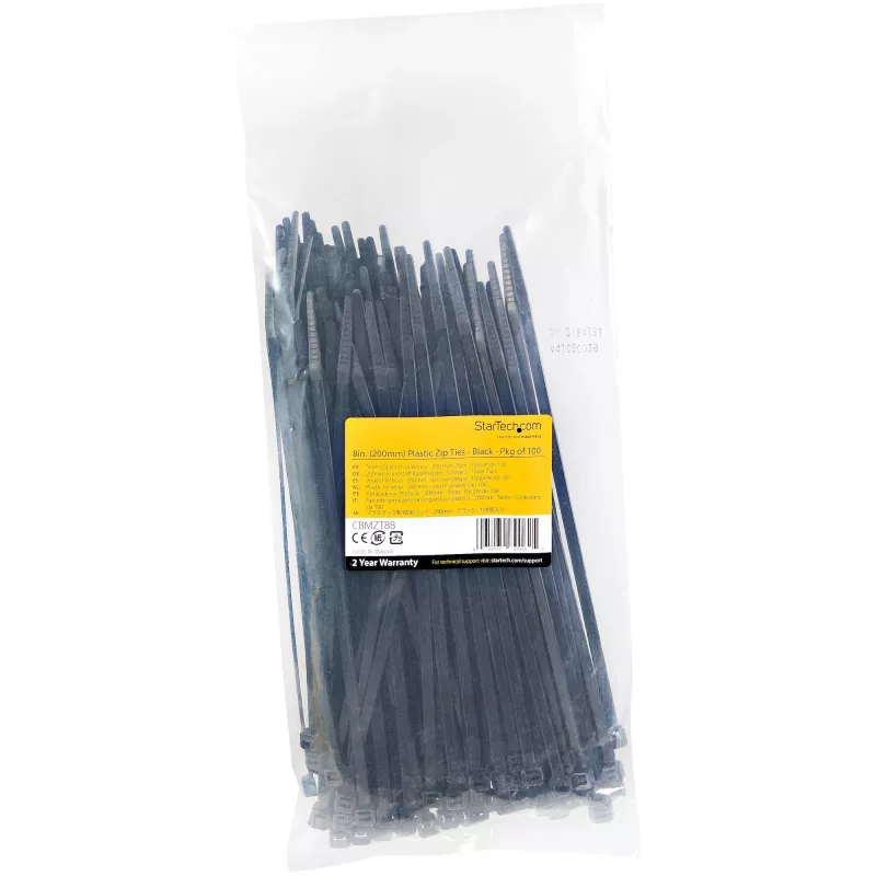 StarTech.com 8-calowe (20 cm) opaski kablowe - szerokość 1/8 cala (4 mm), średnica wiązki 2-1/8 cala (55 mm), wytrzymałość na rozciąganie 50 funtów (22 kg), nylonowe samozaciskowe opaski zaciskowe z zakrzywioną końcówką - 94V-2/UL, 100 szt. - czarne