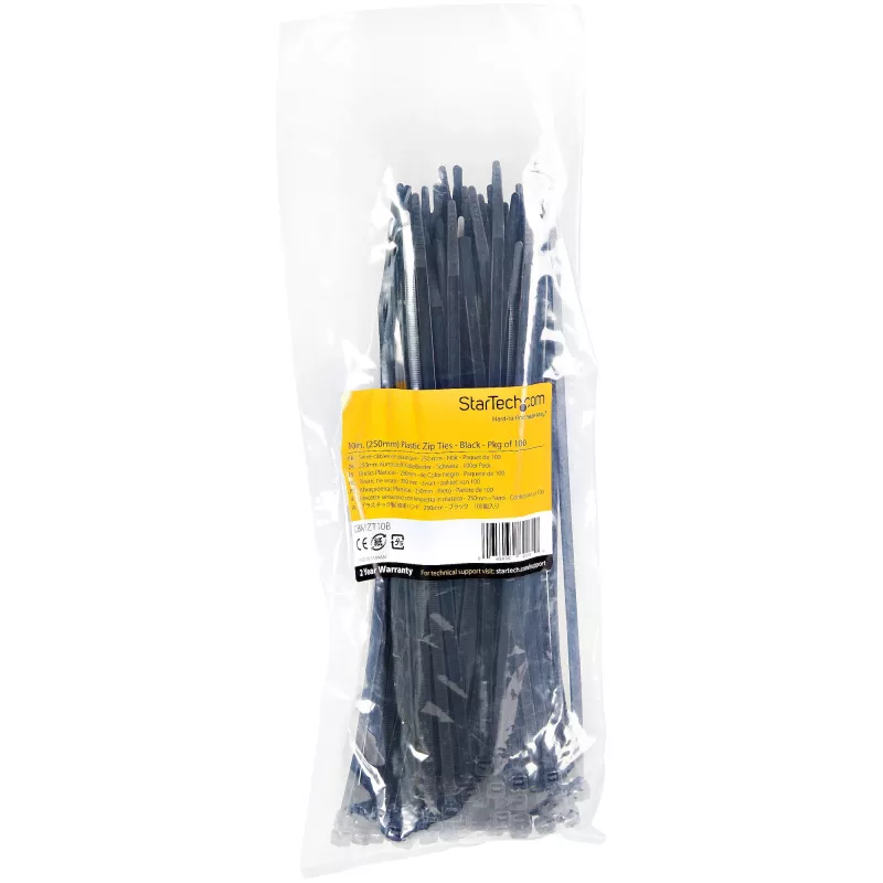 Opaski kablowe StarTech.com 10 cali (25 cm) - szerokość 1/8 cala (4 mm), średnica wiązki 2-5/8 cala (68 mm), wytrzymałość na rozciąganie 50 funtów (22 kg), samozaciskowe opaski zaciskowe z nylonu z zakrzywioną końcówką - certyfikat 94V-2/UL, opakowanie 100 sztuk - czarne