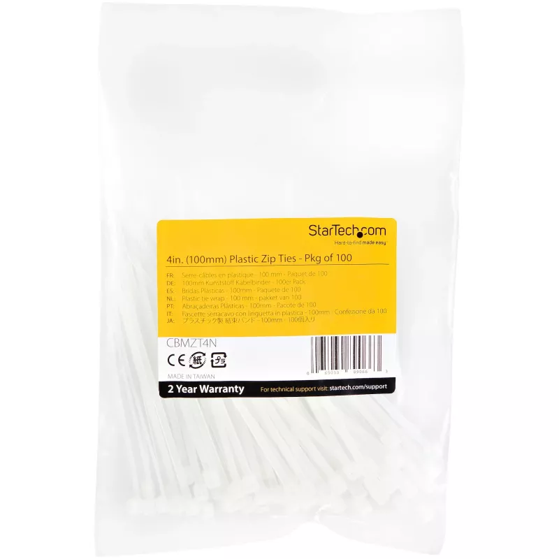 Opaski kablowe StarTech.com 4 cale (10 cm) – szerokość 1/16 cala (2 mm), średnica wiązki 7/8 cala (22 mm), wytrzymałość na rozciąganie 18 funtów (8 kg), nylonowe samozaciskowe opaski zaciskowe z zakrzywioną końcówką – zgodne z UL 94V-2/UL, 100 sztuk – białe