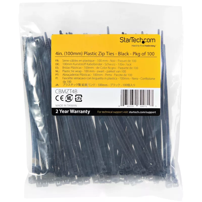 Opaski kablowe StarTech.com 10 cm - szerokość 2 mm, średnica wiązki 22 mm, wytrzymałość na rozciąganie 8 kg, nylonowe samozaciskowe opaski zaciskowe z zakrzywioną końcówką - klasa 94V-2/UL, 100 szt. - czarne