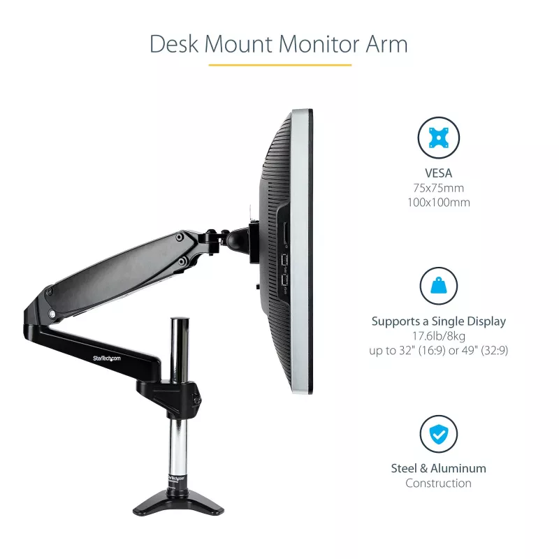 Ramie do monitora biurkowego StarTech.com do pojedynczego wyświetlacza VESA do 32 cali lub 49 cali ultrawide 8 kg – pełny zakres ruchu, regulacja wysokości – zacisk C, przelotka – pojedyncze ramię monitora