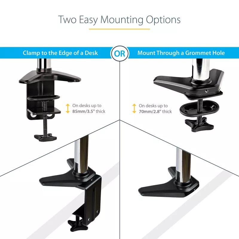 Ramie do monitora biurkowego StarTech.com do pojedynczego wyświetlacza VESA do 32 cali lub 49 cali ultrawide 8 kg – pełny zakres ruchu, regulacja wysokości – zacisk C, przelotka – pojedyncze ramię monitora