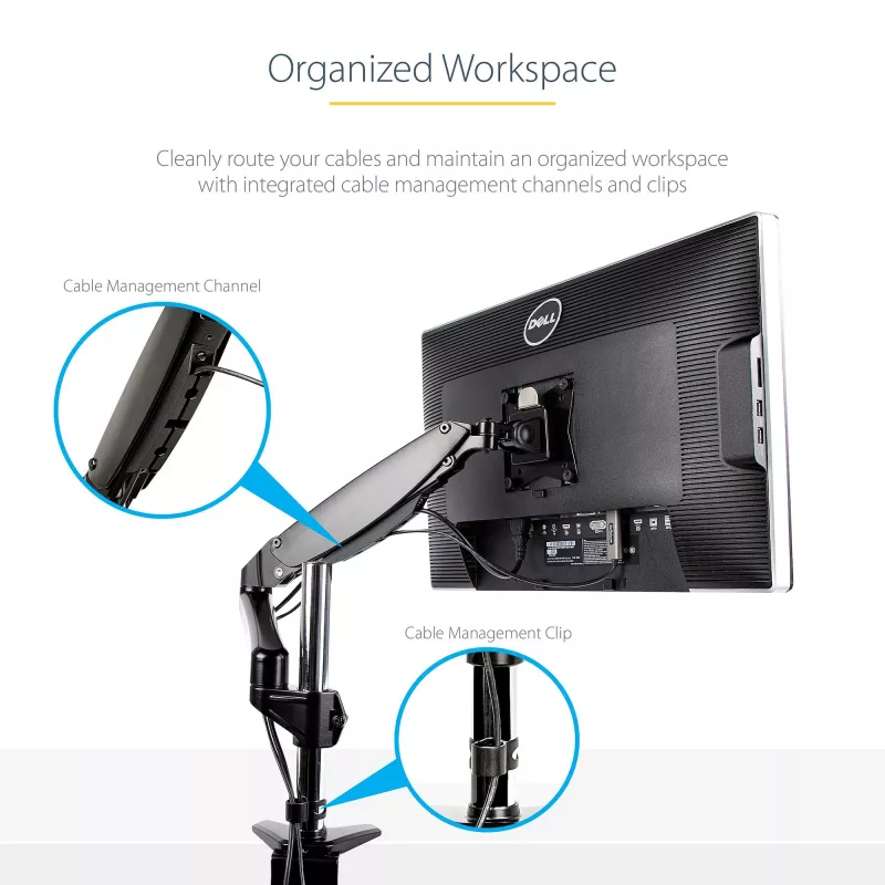 Ramie do monitora biurkowego StarTech.com do pojedynczego wyświetlacza VESA do 32 cali lub 49 cali ultrawide 8 kg – pełny zakres ruchu, regulacja wysokości – zacisk C, przelotka – pojedyncze ramię monitora