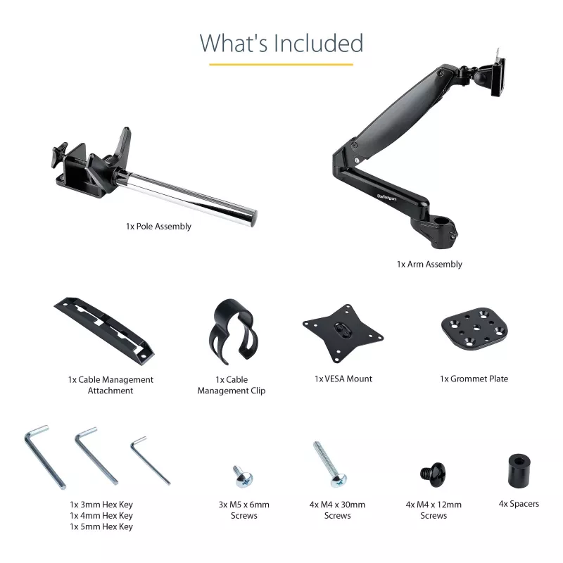 Ramie do monitora biurkowego StarTech.com do pojedynczego wyświetlacza VESA do 32 cali lub 49 cali ultrawide 8 kg – pełny zakres ruchu, regulacja wysokości – zacisk C, przelotka – pojedyncze ramię monitora