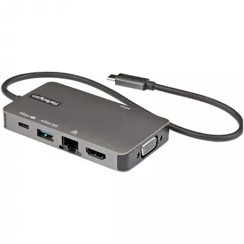 StarTech.com Adapter wieloportowy USB-C – USB-C do 4K 30Hz HDMI lub 1080p VGA – Mini stacja dokująca USB Type-C z przesyłem mocy Power Delivery 100 W, 3-portowy hub USB 5 Gb/s, GbE – 12 cali (30 cm) dołączony kabel