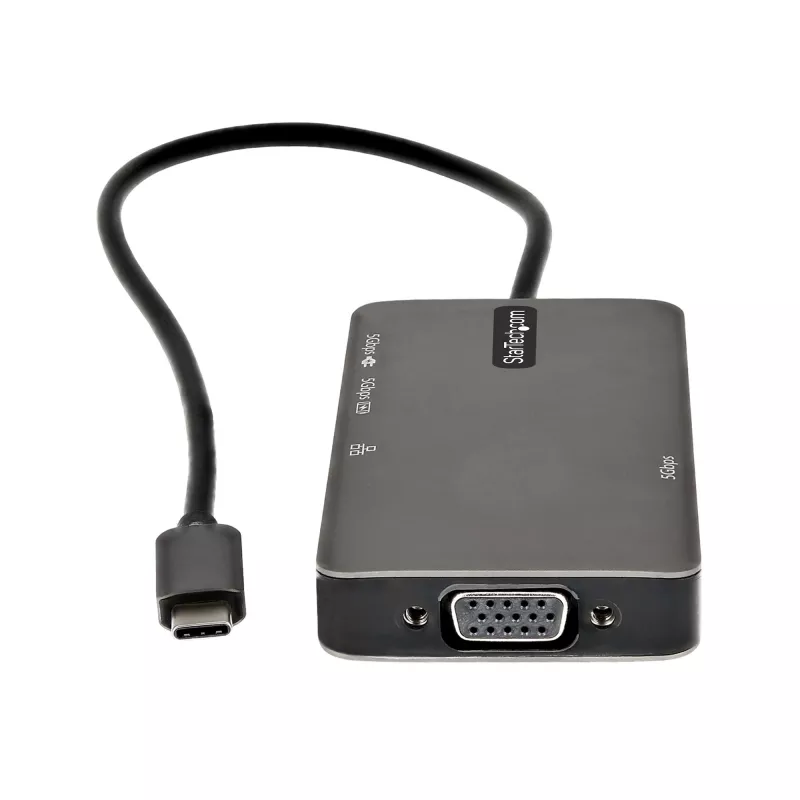 StarTech.com Adapter wieloportowy USB-C – USB-C do 4K 30Hz HDMI lub 1080p VGA – Mini stacja dokująca USB Type-C z przesyłem mocy Power Delivery 100 W, 3-portowy hub USB 5 Gb/s, GbE – 12 cali (30 cm) dołączony kabel