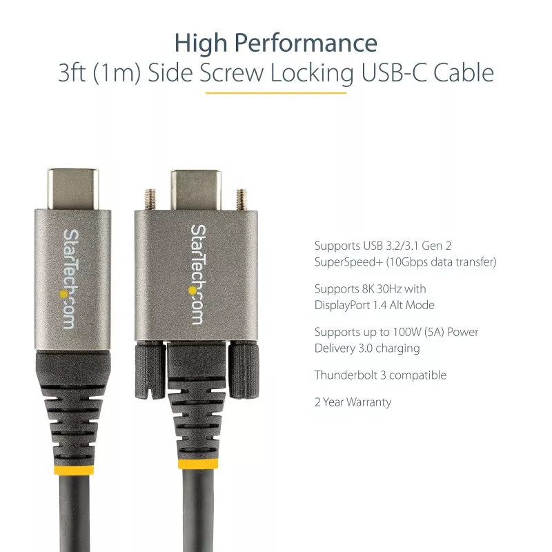 StarTech.com Kabel USB-C z bocznym mocowaniem śrubowym 20 cali (50 cm) 10 Gb/s - USB 3.1/3.2 Gen 2 Type-C - Ładowanie Power Delivery 100 W (5 A), DP Alt Mode - Podwójne mocowanie śrubowe - Przewód USB-C do ładowania/synchronizacji