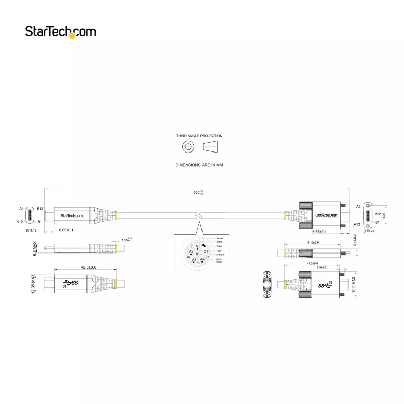 StarTech.com Kabel USB-C z bocznym mocowaniem śrubowym 20 cali (50 cm) 10 Gb/s - USB 3.1/3.2 Gen 2 Type-C - Ładowanie Power Delivery 100 W (5 A), DP Alt Mode - Podwójne mocowanie śrubowe - Przewód USB-C do ładowania/synchronizacji