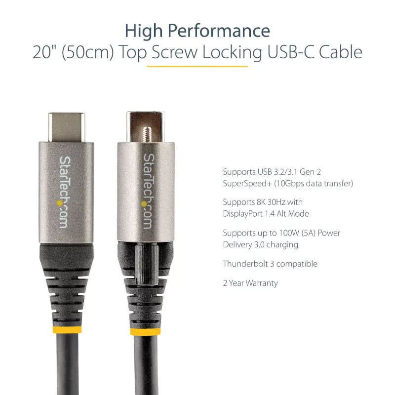 StarTech.com 20-calowy (50cm) kabel USB-C z górną śrubą blokującą 10Gbps - USB 3.1/3.2 Gen 2 Type-C - 100W (5A) ładowanie Power Delivery, DP Alt Mode - pojedyncza śruba blokująca, kabel USB-C do ładowania/synchronizacji