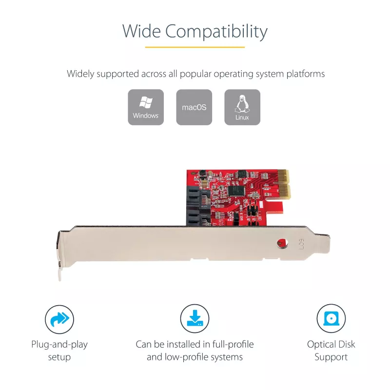 Karta PCIe SATA StarTech.com – 2-portowa karta rozszerzeń PCIe SATA – 6 Gb/s – pełny/niski profil – adapter/kontroler PCI Express na SATA – ASM1062R SATA RAID – konwerter PCIe na SATA