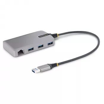 Koncentrator USB 3-Portowy StarTech.com z Ethernetem - 3x porty USB-A - Gigabit Ethernet (RJ-45) - USB 3.0 5Gbps - Zasilany z magistrali - Kabel o długości 1 stopy (30 cm) - Przenośny adapter koncentratora USB do laptopa z GbE