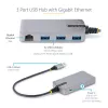 Koncentrator USB 3-Portowy StarTech.com z Ethernetem - 3x porty USB-A - Gigabit Ethernet (RJ-45) - USB 3.0 5Gbps - Zasilany z magistrali - Kabel o długości 1 stopy (30 cm) - Przenośny adapter koncentratora USB do laptopa z GbE