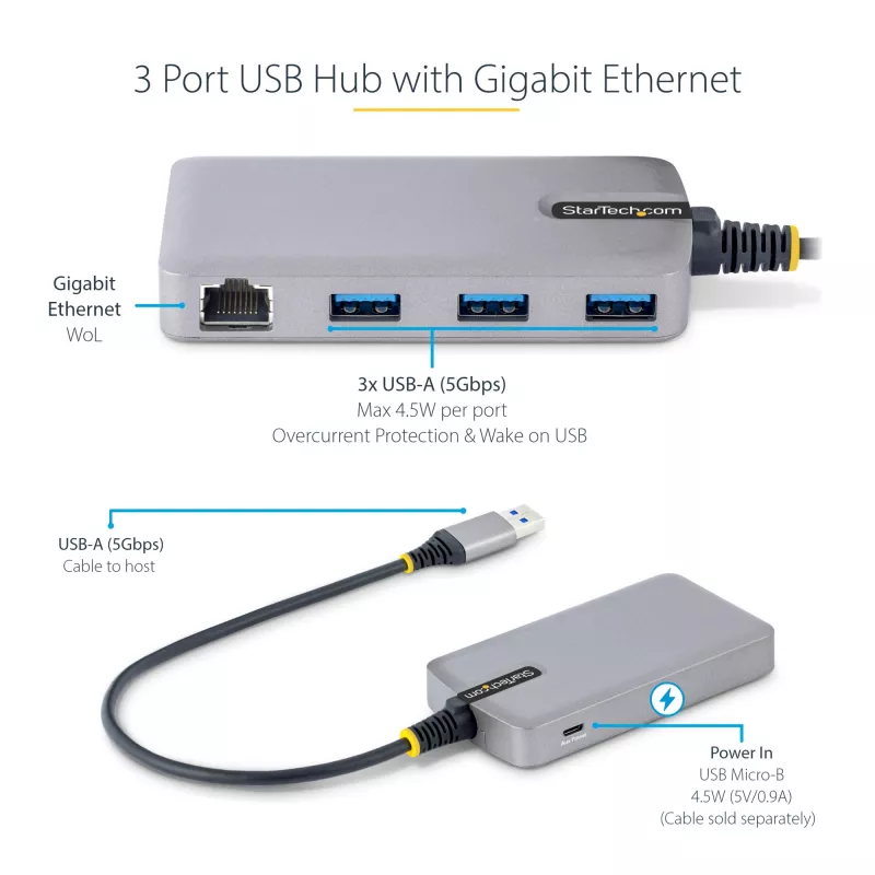 Koncentrator USB 3-Portowy StarTech.com z Ethernetem - 3x porty USB-A - Gigabit Ethernet (RJ-45) - USB 3.0 5Gbps - Zasilany z magistrali - Kabel o długości 1 stopy (30 cm) - Przenośny adapter koncentratora USB do laptopa z GbE