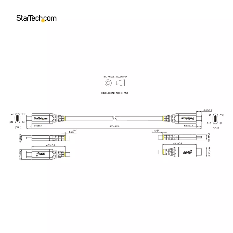 StarTech.com 20 inch (50cm) Kabel USB C 10Gbps - USB 3.1 Type-C - 100W (5A) Power Delivery Ładowanie, DP Alt Mode - Przewód USB-C do laptopa/telefonu/urządzenia USB-C - Ładowanie/Synchronizacja