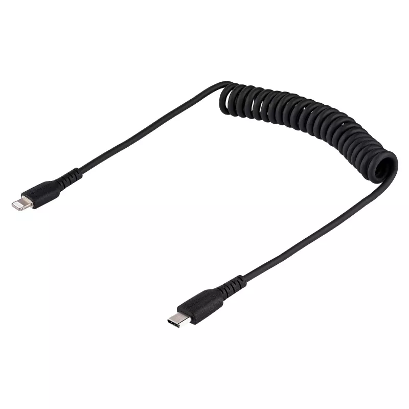 StarTech.com 1m (3ft) USB C to Lightning kabel, MFi Certified, Coiled iPhone Charger kabel, Czarny, Durable TPE Jacket Aramid Fiber, Heavy Duty Coil Lightning kabel