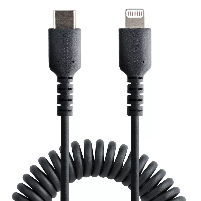 StarTech.com 1m (3ft) USB C to Lightning kabel, MFi Certified, Coiled iPhone Charger kabel, Czarny, Durable TPE Jacket Aramid Fiber, Heavy Duty Coil Lightning kabel