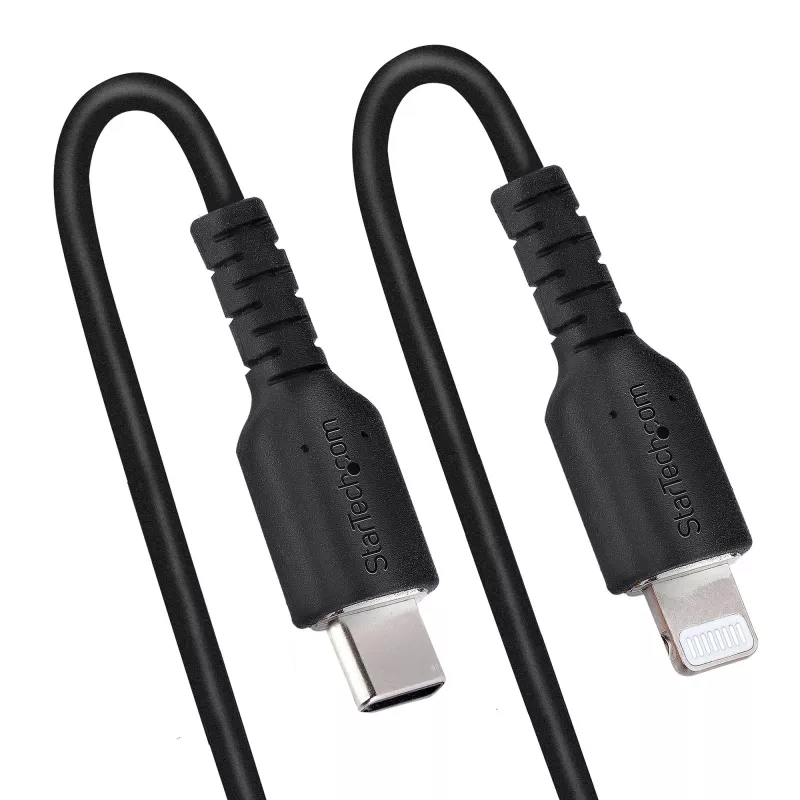 StarTech.com 1m (3ft) USB C to Lightning kabel, MFi Certified, Coiled iPhone Charger kabel, Czarny, Durable TPE Jacket Aramid Fiber, Heavy Duty Coil Lightning kabel