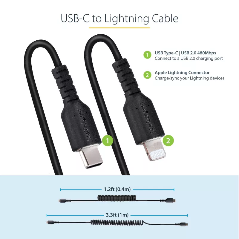 StarTech.com 1m (3ft) USB C to Lightning kabel, MFi Certified, Coiled iPhone Charger kabel, Czarny, Durable TPE Jacket Aramid Fiber, Heavy Duty Coil Lightning kabel