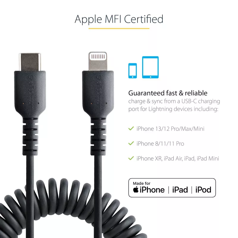 StarTech.com 1m (3ft) USB C to Lightning kabel, MFi Certified, Coiled iPhone Charger kabel, Czarny, Durable TPE Jacket Aramid Fiber, Heavy Duty Coil Lightning kabel