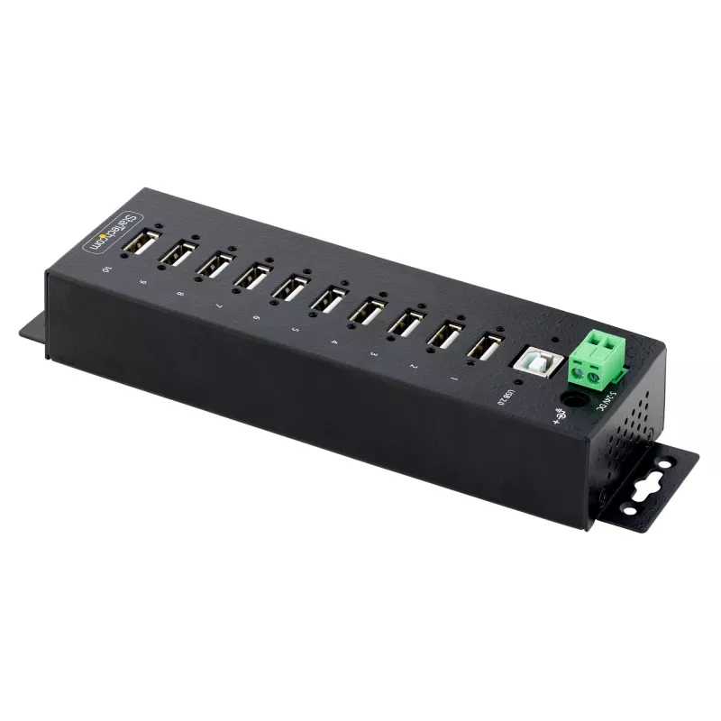 StarTech.com 10-portowy przemysłowy koncentrator USB 2.0, wytrzymały hub USB z ochroną ESD poziom 4, hub USB-A do montażu na szynie DIN/ścianie/biurku, ekspander portów USB z blokowanymi portami, wieloportowy hub USB