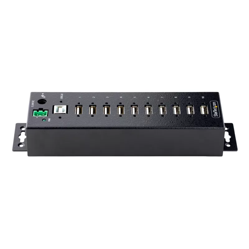 StarTech.com 10-portowy przemysłowy koncentrator USB 2.0, wytrzymały hub USB z ochroną ESD poziom 4, hub USB-A do montażu na szynie DIN/ścianie/biurku, ekspander portów USB z blokowanymi portami, wieloportowy hub USB
