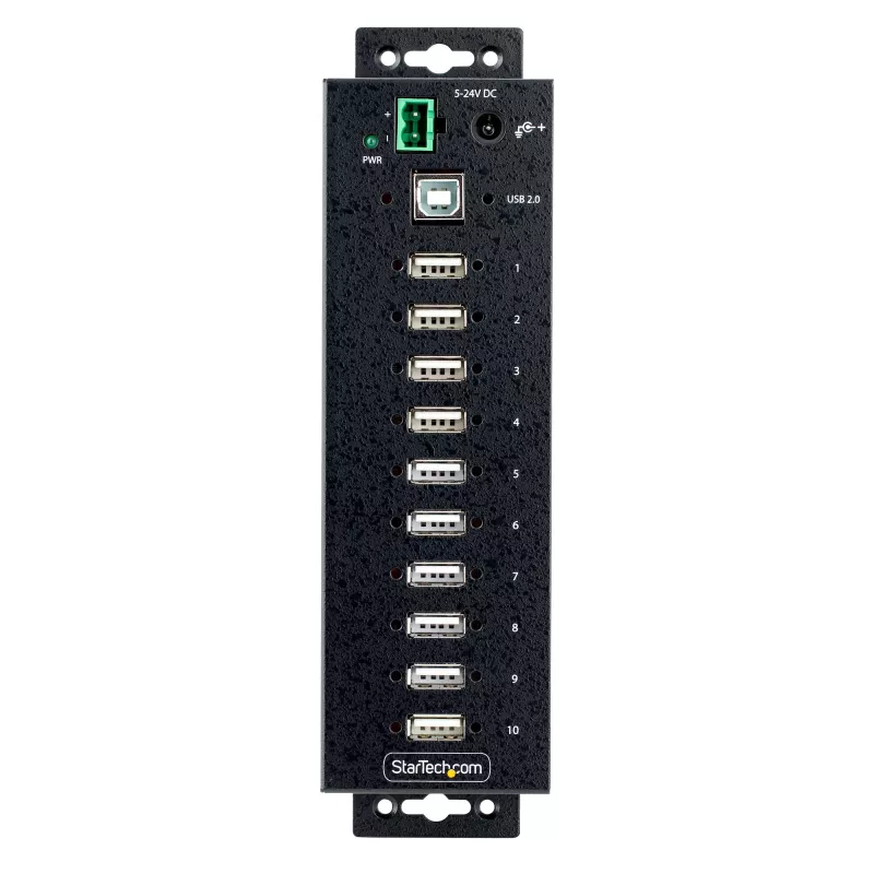 StarTech.com 10-portowy przemysłowy koncentrator USB 2.0, wytrzymały hub USB z ochroną ESD poziom 4, hub USB-A do montażu na szynie DIN/ścianie/biurku, ekspander portów USB z blokowanymi portami, wieloportowy hub USB