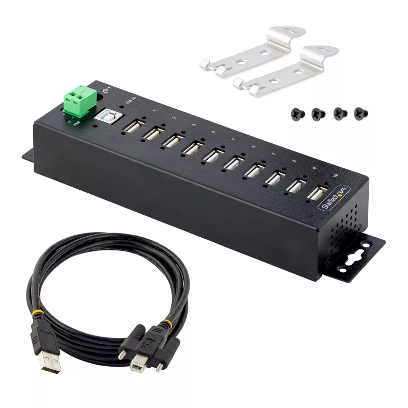 StarTech.com 10-portowy przemysłowy koncentrator USB 2.0, wytrzymały hub USB z ochroną ESD poziom 4, hub USB-A do montażu na szynie DIN/ścianie/biurku, ekspander portów USB z blokowanymi portami, wieloportowy hub USB