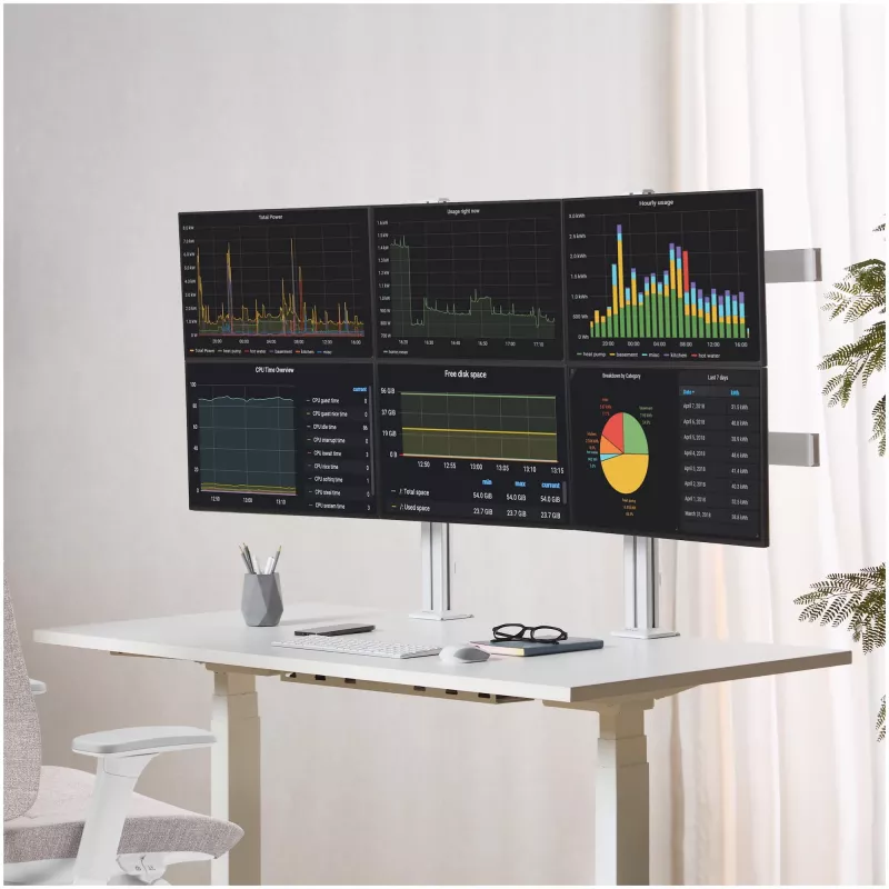 StarTech.com Uchwyt biurkowy na sześć monitorów z poprzeczką, do ekranów komputerowych do 32 cali, maks. 17,6 funta (8 kg) każdy, podwójna kolumna, zacisk C/przelotka, regulacja wysokości