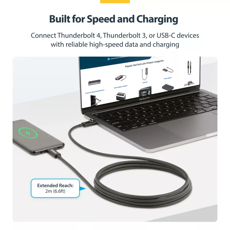 StarTech.com Aktywny kabel Thunderbolt 4, 2 m, 40 Gb/s, zasilanie 100 W, wideo 4K/8K, certyfikat Intel – kompatybilny z USB4/Thunderbolt 4/USB 3.2/USB-C/DisplayPort/Thunderbolt 3