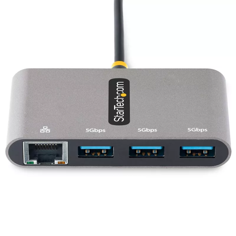 StarTech.com 3-portowy hub USB-C z Ethernetem - 3x USB-A - Gigabit Ethernet - USB 3.0 5 Gb/s - zasilany z magistrali - wbudowany kabel hosta USB-C o długości 30 cm - GbE - przenośny hub USB-C na USB-A