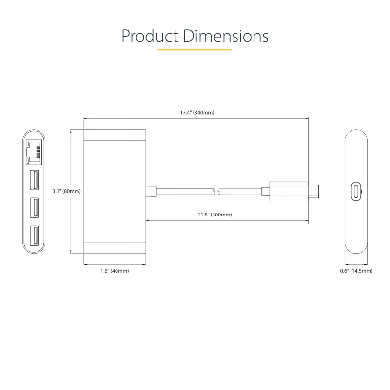 StarTech.com 3-portowy hub USB-C z Ethernetem - 3x USB-A - Gigabit Ethernet - USB 3.0 5 Gb/s - zasilany z magistrali - wbudowany kabel hosta USB-C o długości 30 cm - GbE - przenośny hub USB-C na USB-A