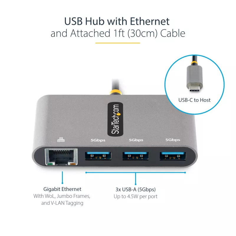 StarTech.com 3-portowy hub USB-C z Ethernetem - 3x USB-A - Gigabit Ethernet - USB 3.0 5 Gb/s - zasilany z magistrali - wbudowany kabel hosta USB-C o długości 30 cm - GbE - przenośny hub USB-C na USB-A