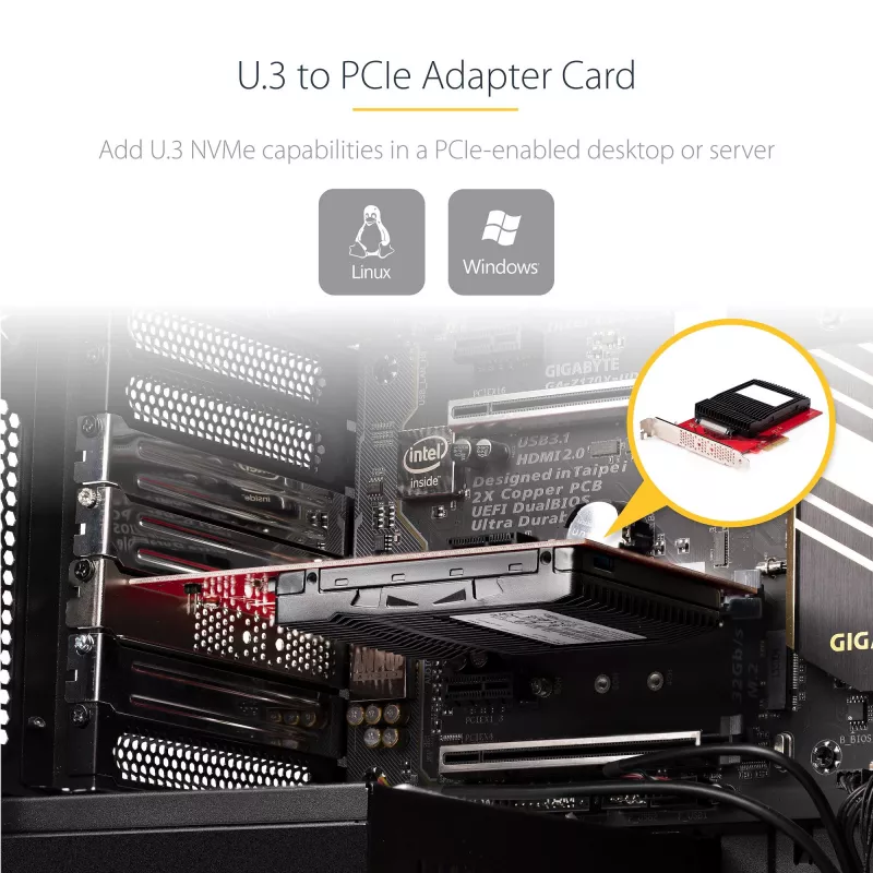 Karta adaptera StarTech.com U.3 na PCIe, adapter PCIe 4.0 x4 dla 2,5-calowych dysków SSD U.3 NVMe, karta dodatkowa PCI Express SFF-TA-1001 do komputerów stacjonarnych/serwerów, zgodna z TAA – niezależna od systemu operacyjnego