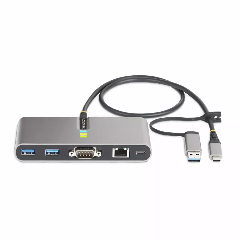 StarTech.com 2-portowy hub USB-C z Ethernetem i RS-232, dołączona przejściówka USB-C na USB-A, 100 W PD Pass-Through, 2x USB-A 5 Gb/s, Gigabit Ethernet, RS232 szeregowy (FTDI)