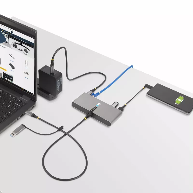 StarTech.com 2-portowy hub USB-C z Ethernetem i RS-232, dołączona przejściówka USB-C na USB-A, 100 W PD Pass-Through, 2x USB-A 5 Gb/s, Gigabit Ethernet, RS232 szeregowy (FTDI)