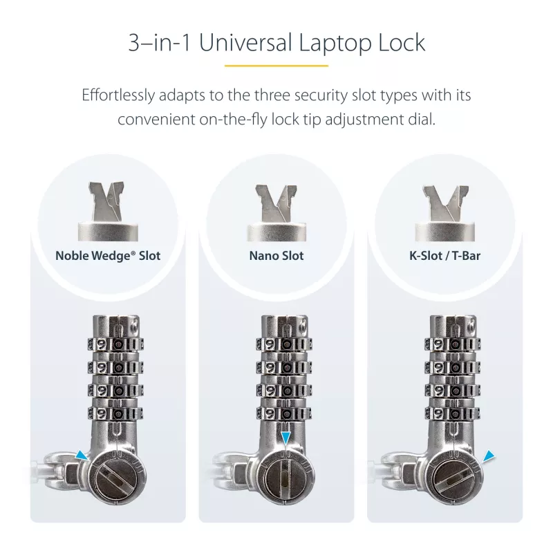 Uniwersalna linka zabezpieczająca StarTech.com do laptopa, 2 m, kompatybilna z Noble Wedge®/Nano/K-Slot; linka z zamkiem szyfrowym bez klucza, antykradzieżowa, odporna na przecięcie, stalowa