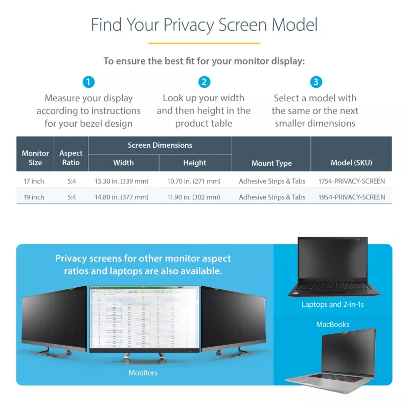 StarTech.com 19-calowy 5:4 filtr prywatyzacyjny do monitora komputerowego, ekran prywatyzacyjny z antyrefleksem i redukcją światła niebieskiego o 51%, osłona ekranu monitora z kątem widzenia +/-30°