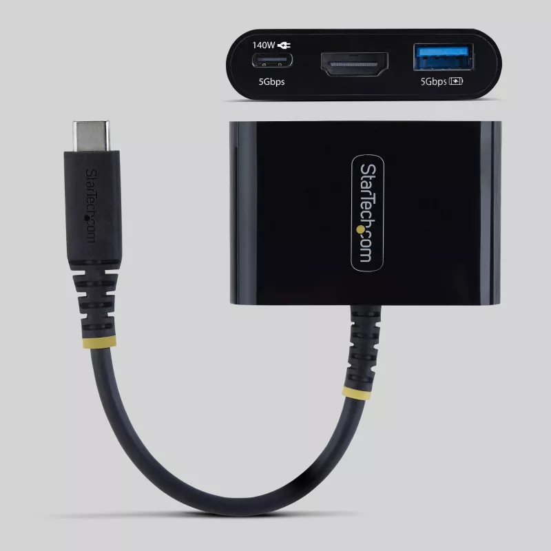 StarTech.com Adapter wieloportowy USB-C do HDMI z ładowaniem PD 140 W, HDMI 4K 60 Hz, koncentrator USB 5 Gb/s, mini stacja dokująca do MacBook / Dell / Thinkpad / HP / iPad / tabletów