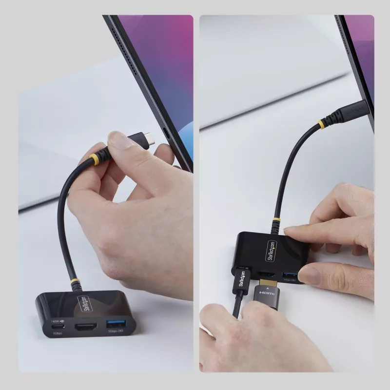 StarTech.com Adapter wieloportowy USB-C do HDMI z ładowaniem PD 140 W, HDMI 4K 60 Hz, koncentrator USB 5 Gb/s, mini stacja dokująca do MacBook / Dell / Thinkpad / HP / iPad / tabletów