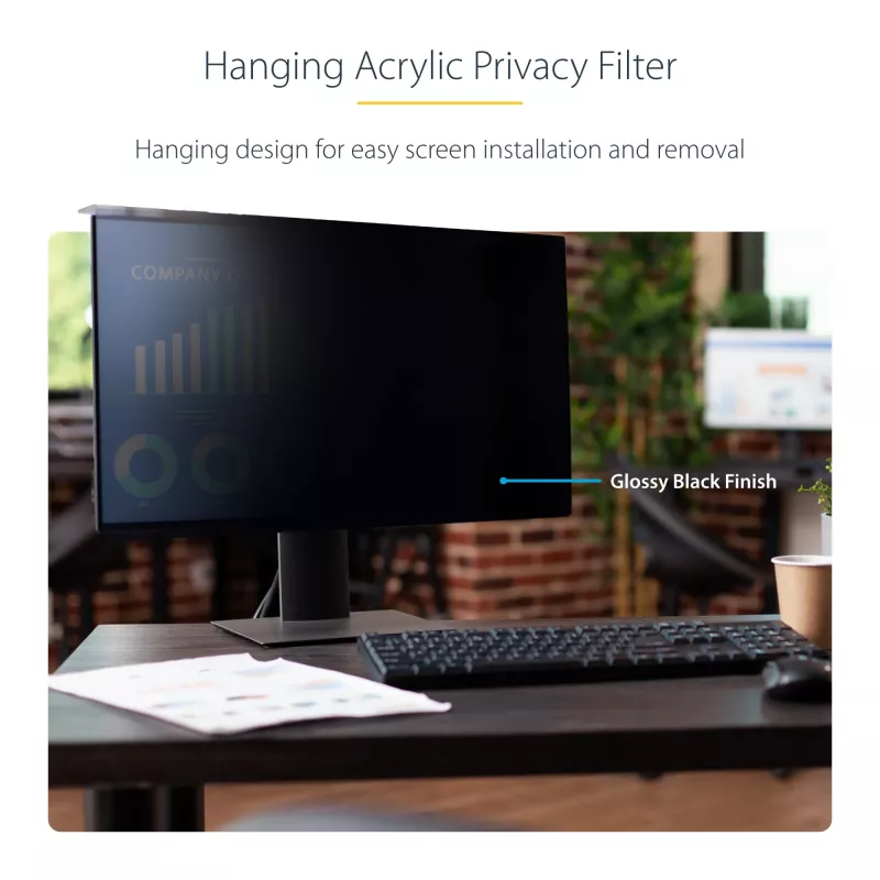 StarTech.com 23,8-calowy filtr prywatyzujący do monitora komputerowego 16:9, wiszący filtr akrylowy, szybki montaż, osłona bezpieczeństwa, ochraniacz ekranu monitora, kąt widzenia +/- 30°, błyszczący