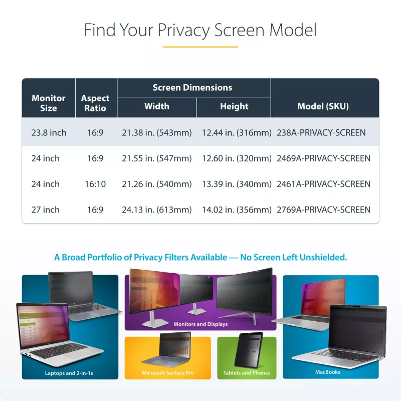 StarTech.com 23,8-calowy filtr prywatyzujący do monitora komputerowego 16:9, wiszący filtr akrylowy, szybki montaż, osłona bezpieczeństwa, ochraniacz ekranu monitora, kąt widzenia +/- 30°, błyszczący