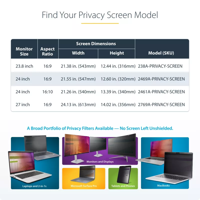 StarTech.com 24-calowy 16:9 filtr prywatyzujący do monitora komputerowego, wiszący filtr akrylowy, szybka instalacja, osłona bezpieczeństwa, ochraniacz ekranu monitora, kąt widzenia +/- 30°, połysk